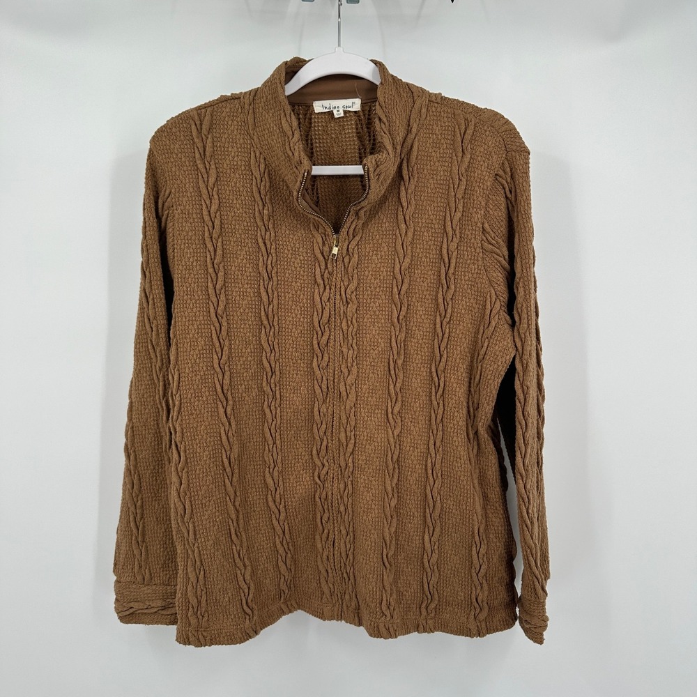 Women Cable Knit Sweater M Brown Cozy Textured Zip Mock Neck Cottagecore Classic
